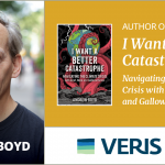 A photo of Andrew Boyd, author of a book about strategies for navigating the climate crisis, and the cover of his book I Want a Better Catastrophe.
