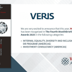 Banner announcing that Veris Wealth Partners has been selected as a winner in the Investment Consultancy (Americas)’ and ‘Internal Equality, Diversity and Inclusion Practices or Program (Americas)’ categories at The 2025 WealthBriefing Wealth for Good Awards.