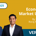 Text: August 2025 Economic and Market Update by Jane Swan and Roraj Pradhananga, Veris Wealth Partners. Image: Jane and Roraj wearing blue suits and white shirts standing side by side smiling.