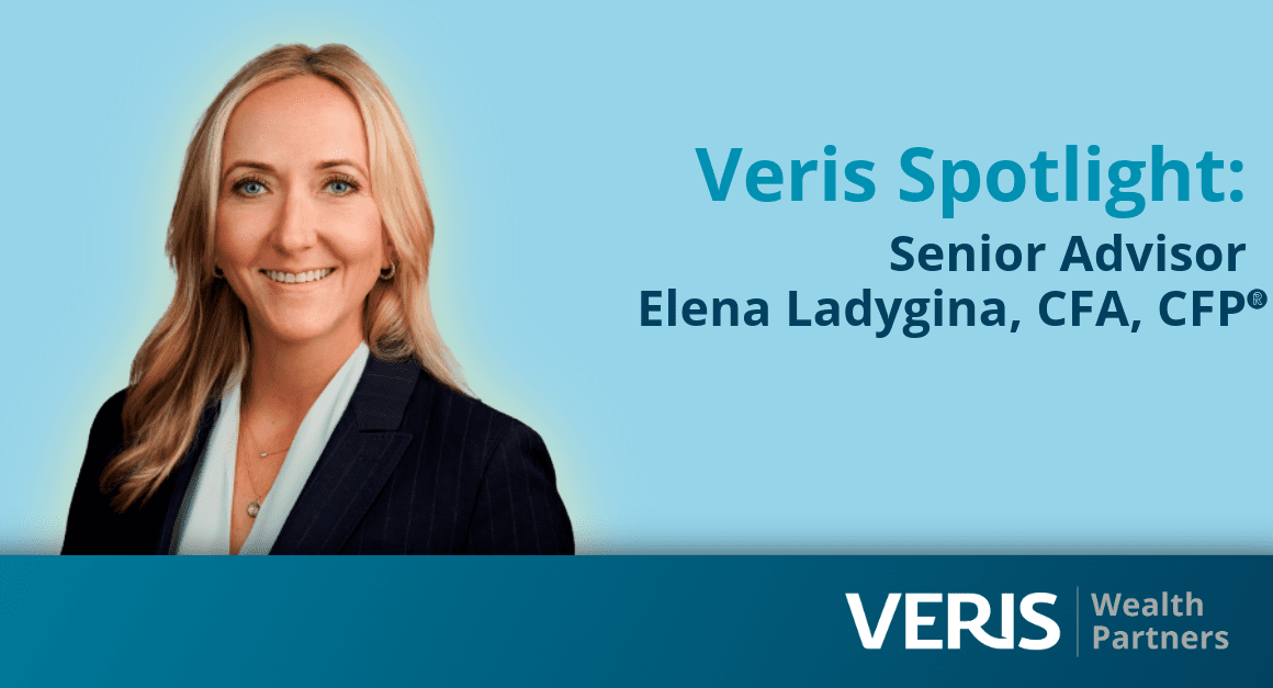 Title: Veris Spotlight: Senior Advisor Elena Ladygina. A photo of Elena, a smiling blonde woman in a dark blue suit.