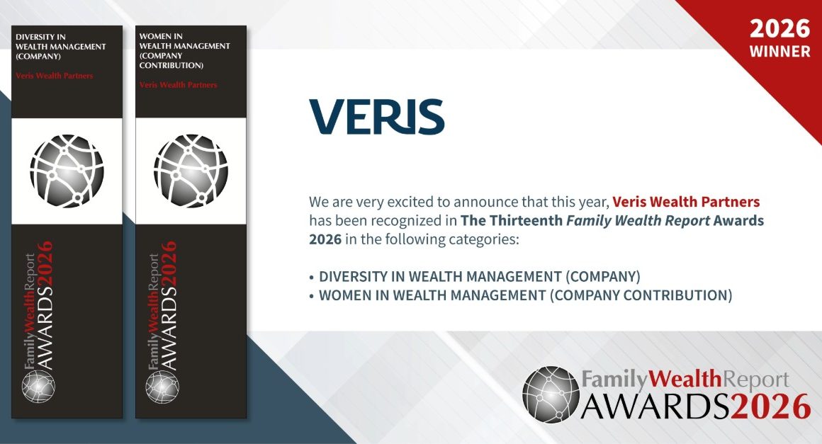 Images of two Family Wealth Report Awards - both awarded to Veris Wealth Partners. The categories are Women in Wealth Management (Company Contribution) and Diversity in Wealth Management (Company).
