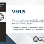 Images of two Family Wealth Report Awards - both awarded to Veris Wealth Partners. The categories are Women in Wealth Management (Company Contribution) and Diversity in Wealth Management (Company).