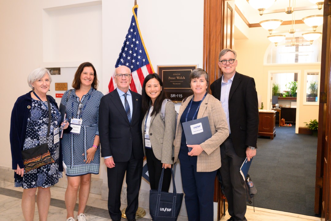 2026 Capitol Hill Day Senator Peter Welch Cecilia Ciepiela-Kaelin, Amy Dine, Vermont Senator Peter Welch, Veris Senior Advisor Lori Choi, Laura Devenney, Todd Larsen outside of Senator Welch’s office during US SIF’s Capitol Hill Day event. Copyright 2026 TimeLine Media llc.