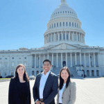 Veris Senior Advisor Lori Choi, CIO Roraj Pradhananga, and Associate Director of Investments Maya Zamir standing in front of the US Capitol building during US SIF's Capitol Hill Day Event.