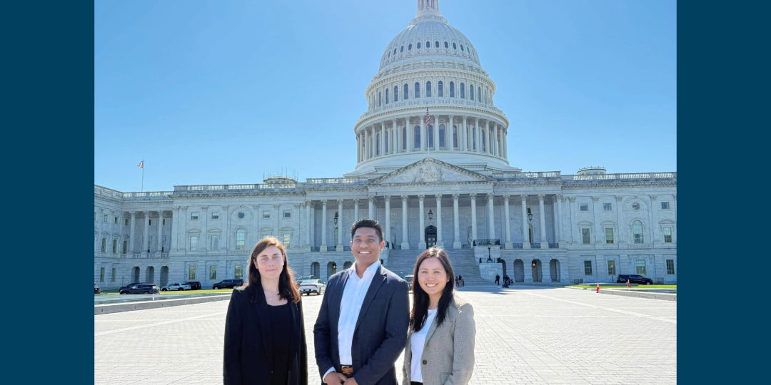 Veris Senior Advisor Lori Choi, CIO Roraj Pradhananga, and Associate Director of Investments Maya Zamir standing in front of the US Capitol building during US SIF's Capitol Hill Day Event.