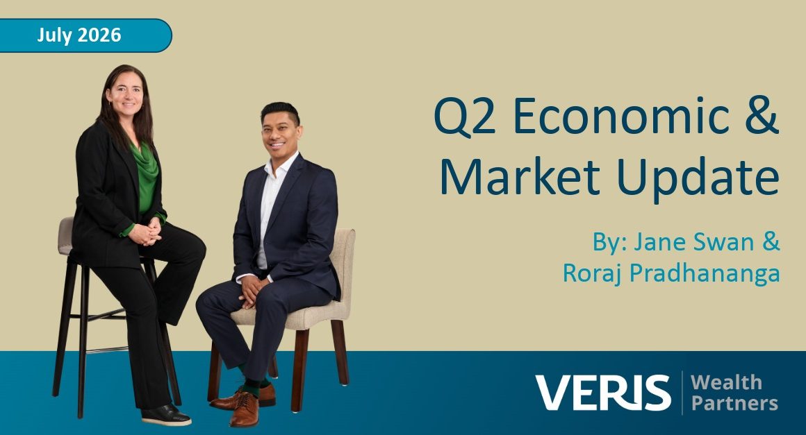 A photo of Jane Swan & Roraj Pradhananga sitting together. Text: Q2 Economic & Market Update, July 2026, By Jane Swan and Roraj Pradhananga, Veris Wealth Partners